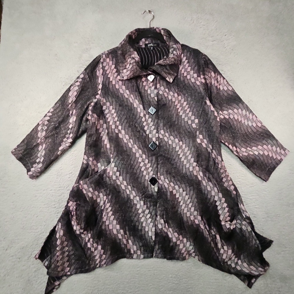 Yushi Tunic Top Womens L Black Swing Jacket Crinkle Boho Artsy Art to Wear